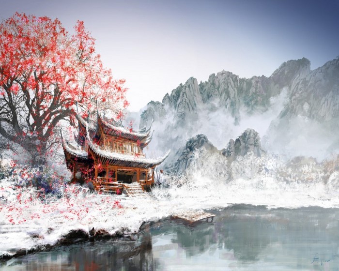 Traditional Chinese building in a snowy landscape with red trees