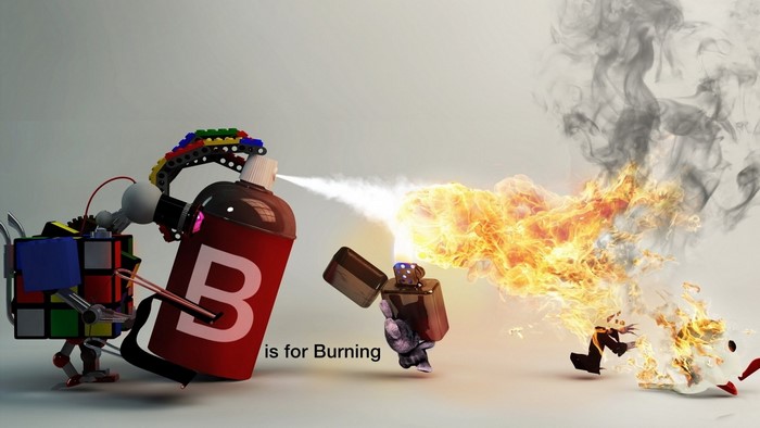 Robots spraying fire from a can and a lighter