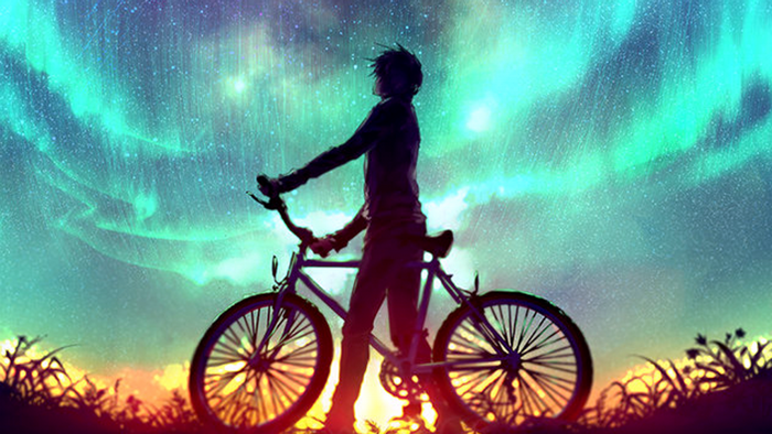 Anime boy with bicycle under aurora borealis