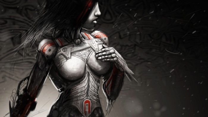 Fantasy art of a cyborg woman in armor