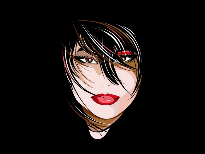 Illustration of a woman's face with dark hair and red lipstick