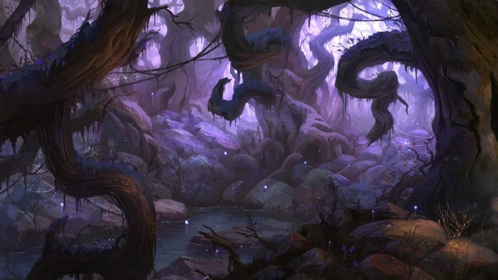 Fantasy art of a dark, enchanted forest