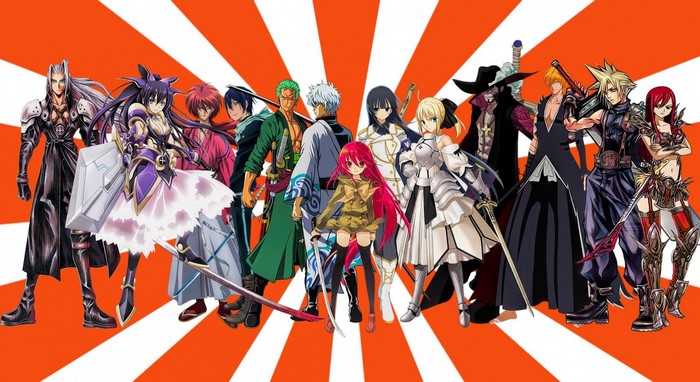 Anime characters including Sephiroth, Yatogami Tohka, Roronoa Zoro, Gintoki, Saber, Kurosaki Ichigo, Cloud Strife, and Erza Scarlet