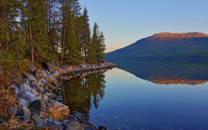 Rocky lake shore with pine trees and a mountain reflection