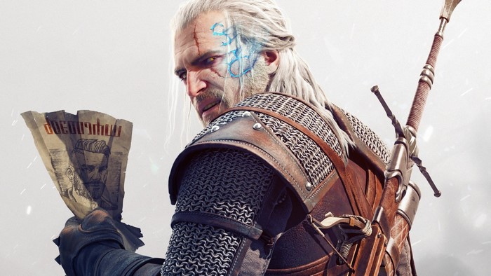 Geralt of Rivia from The Witcher 3 holding a wanted poster