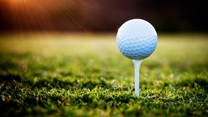 Golf ball on a tee in grass with sunlight