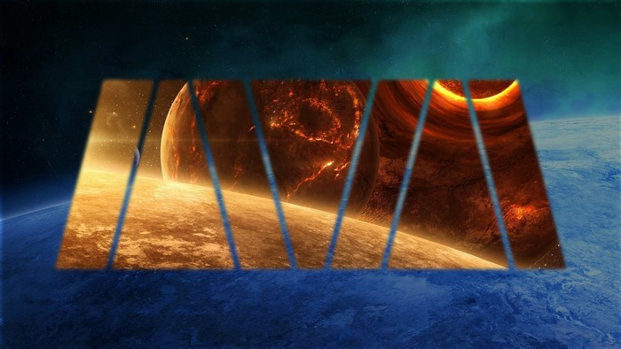 Planets and space with abstract geometric overlay