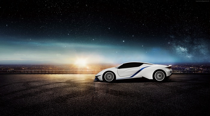 White BAIC Arcfox-7 electric supercar under starry sky