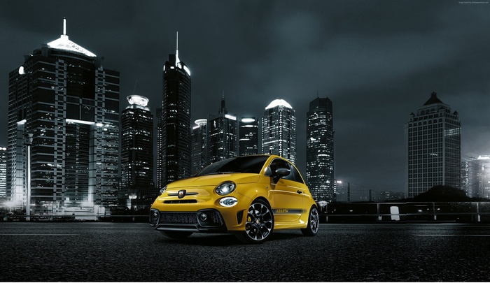 Yellow Fiat Abarth 595 Facelift Hatchback at Night in City