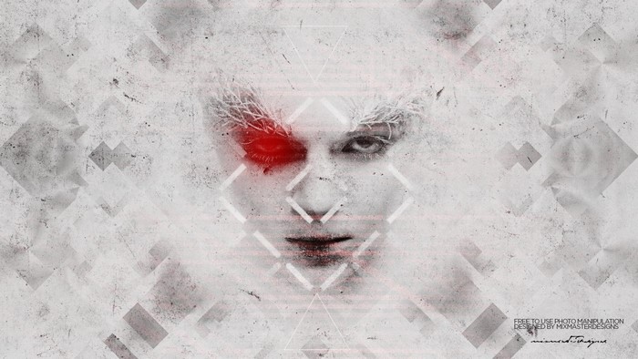 Abstract face with red eye and geometric patterns