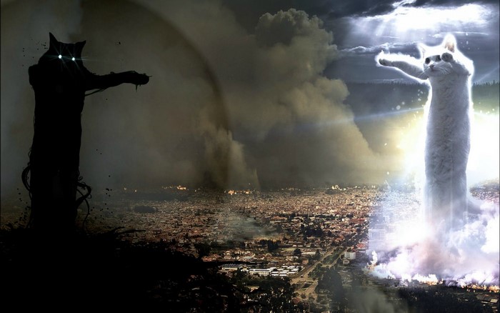 Giant dark and light cats over a city