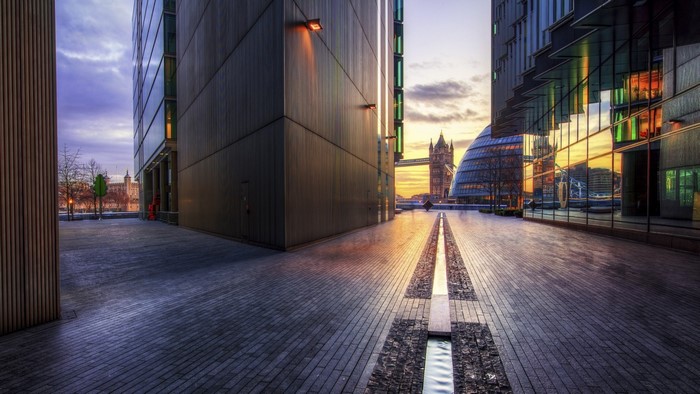 London cityscape with Tower Bridge at sunrise