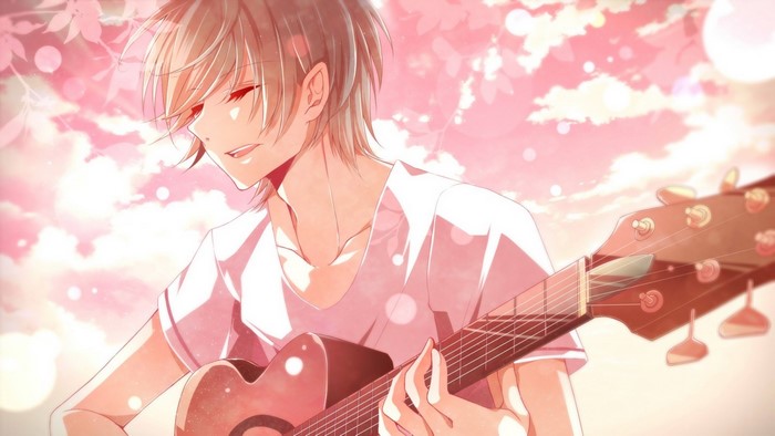 Anime boy with blond hair playing guitar
