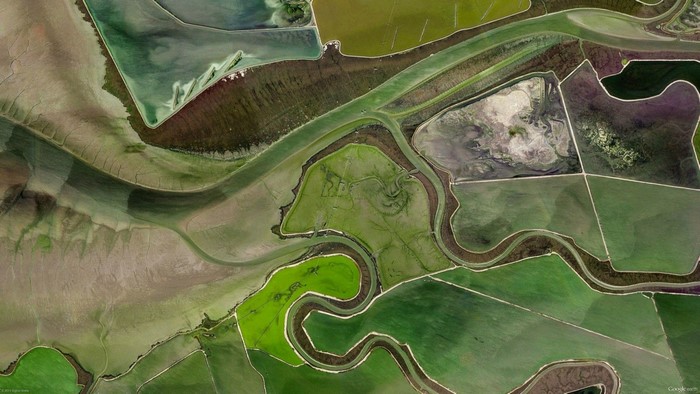 Aerial view of agricultural fields and waterways