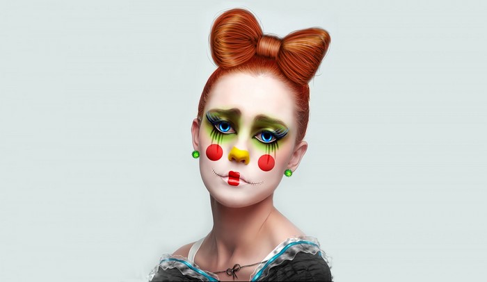 Woman with clown makeup and red bow hairstyle