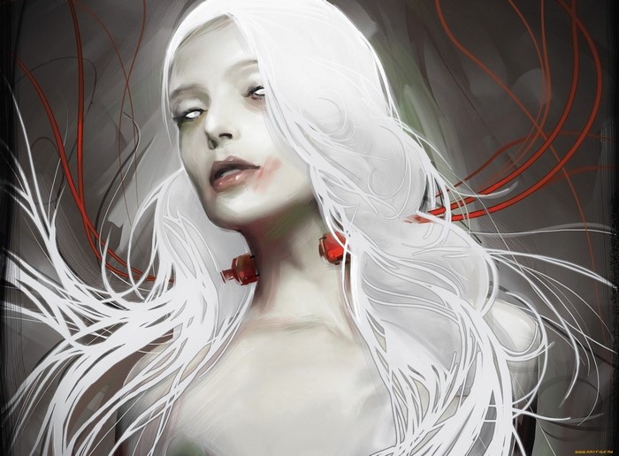Illustration of a pale woman with white hair and red neck bolts