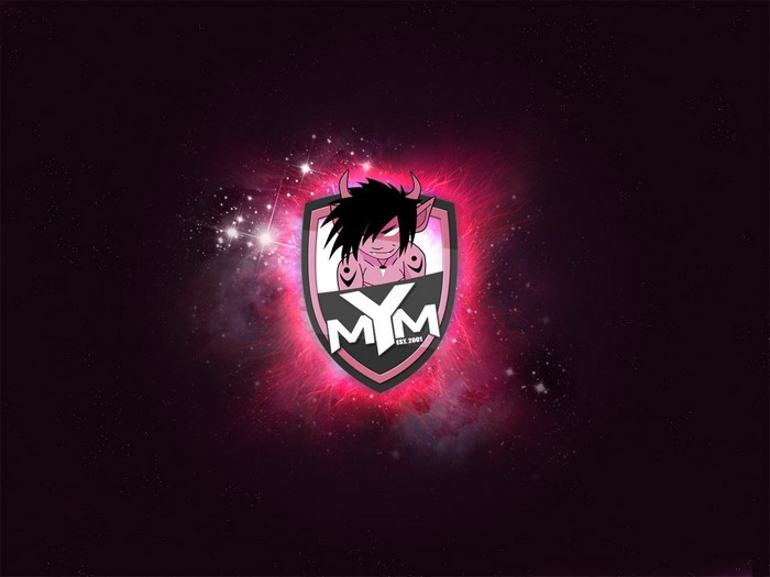 MYM logo with demon character and nebula background