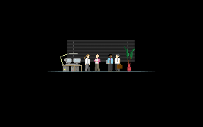 Pixel art office scene with people and computers