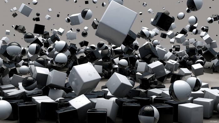 Abstract render design of black and white cubes and spheres