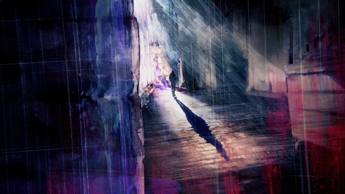 Person walking down a dark alley with light beams