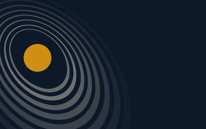 Abstract orange circle with concentric grey rings on dark blue background