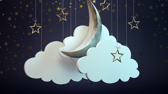 3D illustration of a crescent moon and clouds with hanging stars