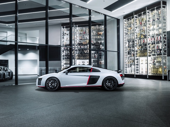 White Audi R8 V10 Plus "selection 24h" in trophy room