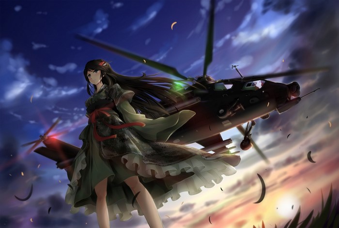 Anime girl with a military helicopter at sunset