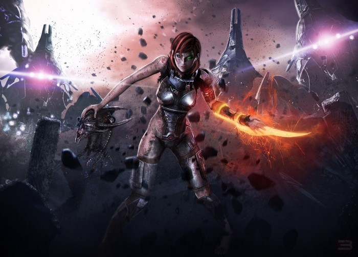 Female soldier from Mass Effect holding a dead alien