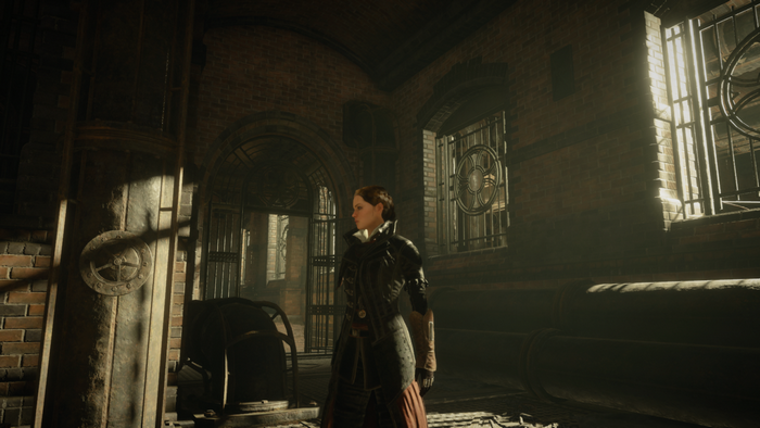 Evie Frye from Assassin's Creed Syndicate in a dark industrial setting