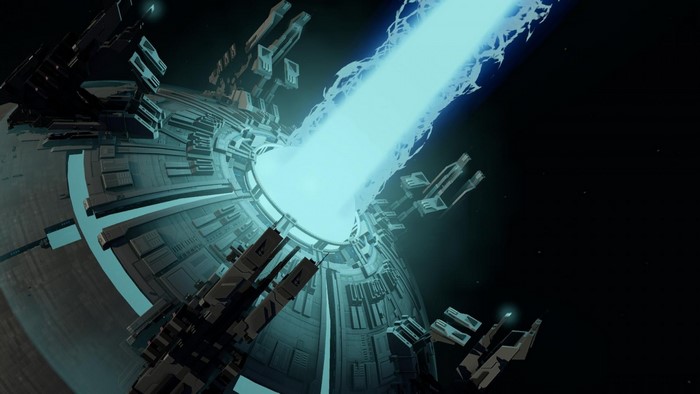 Space station firing a blue energy beam in space