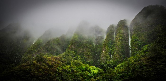 Misty mountains with waterfalls in a tropical rainforest