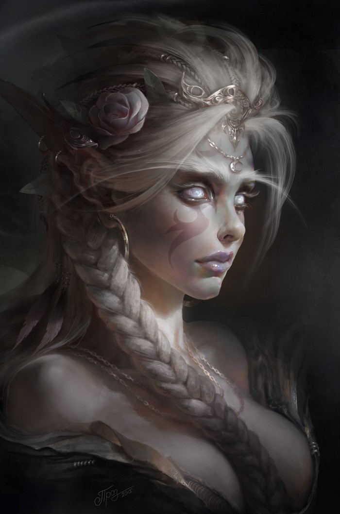 Fantasy portrait of an elf with white eyes and braids
