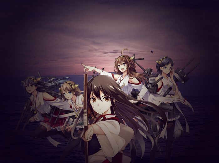 Anime girls from Kantai Collection on a ship at sunset
