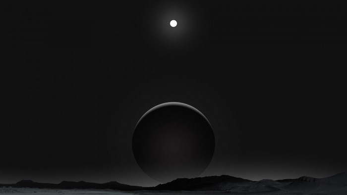 Monochrome planet with moon and rocky terrain
