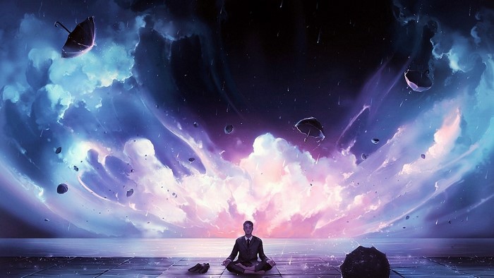 Man meditating in a surreal cosmic landscape with floating umbrellas