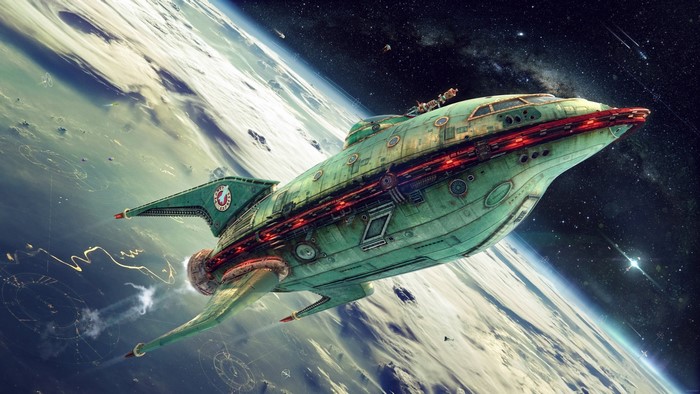 Spaceship from Futurama flying over Earth