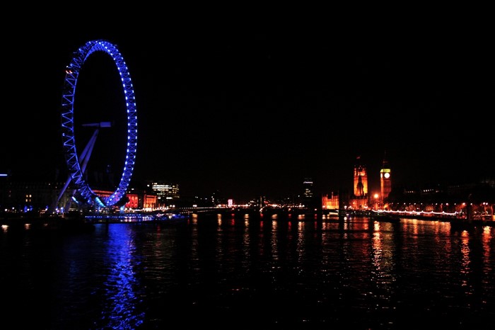 London cityscape at night with London Eye and Big Ben
