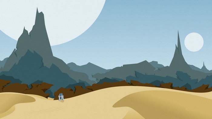 R2-D2 on a desert planet with mountains and moons