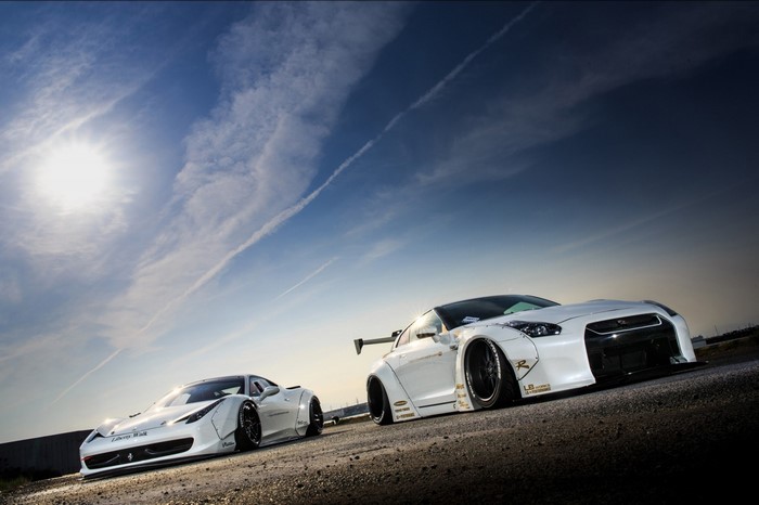 White Ferrari 458 Italia and Nissan GTR by LB Performance