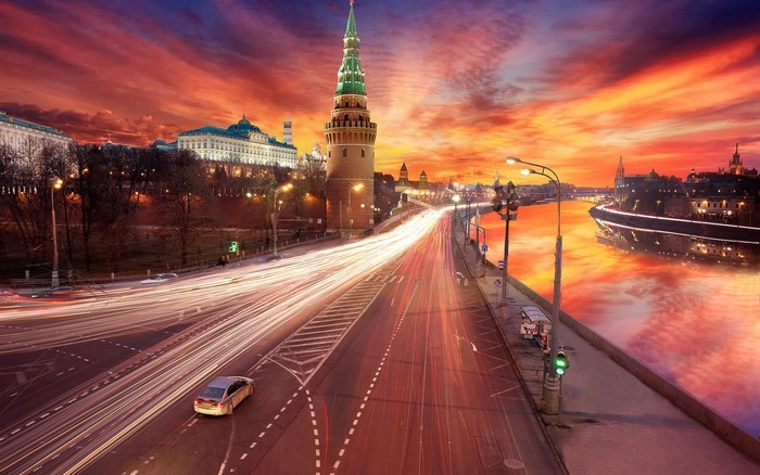 Moscow Kremlin and Moskva River at Sunset with Light Trails