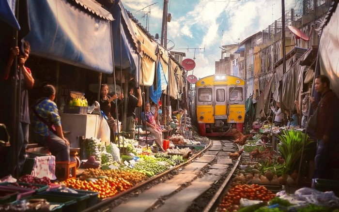 Bangkok Market Along Active Train Tracks