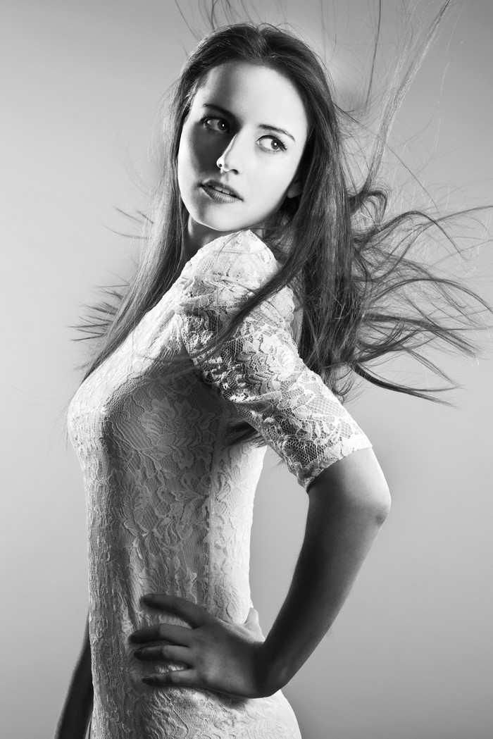 Monochrome portrait of a woman with long hair