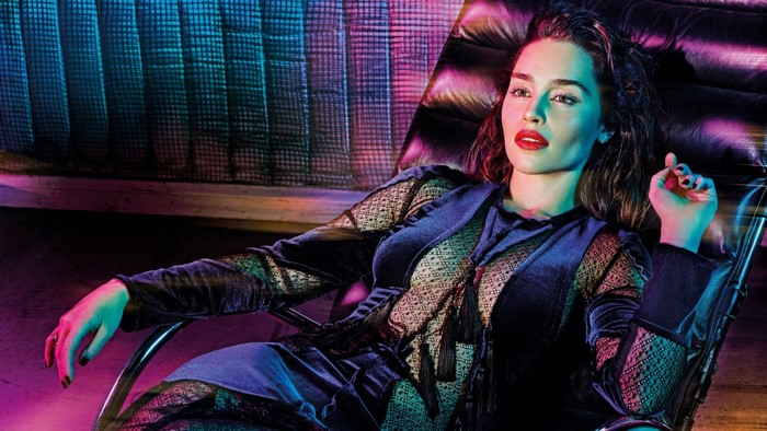 Emilia Clarke in a velvet and lace outfit