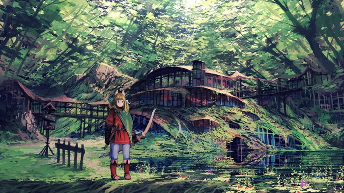 Anime girl with animal ears and bow in a forest
