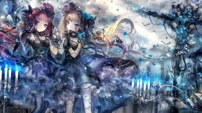 Two anime girls in lolita fashion with masks