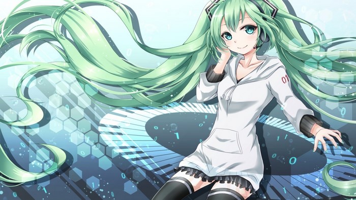 Hatsune Miku from Vocaloid with aqua hair and eyes