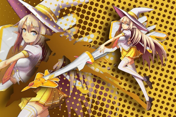 Anime girl with witch hat and futuristic weapon