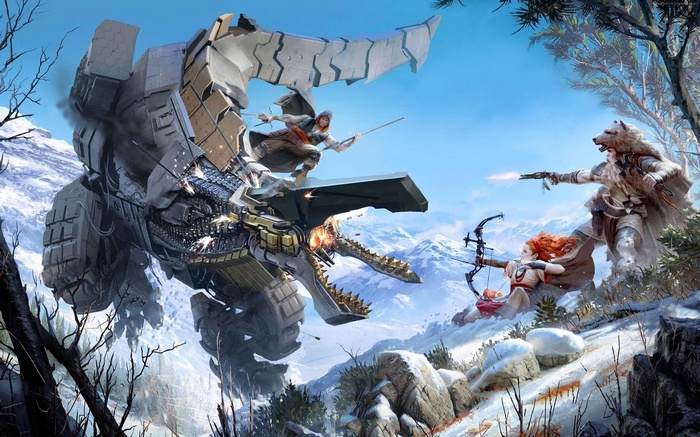 Horizon Zero Dawn characters fighting a machine in the snow