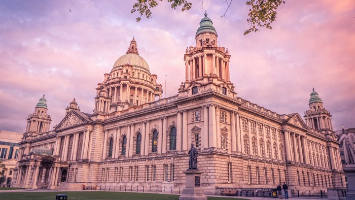 Belfast City Hall building facade with domes and towers